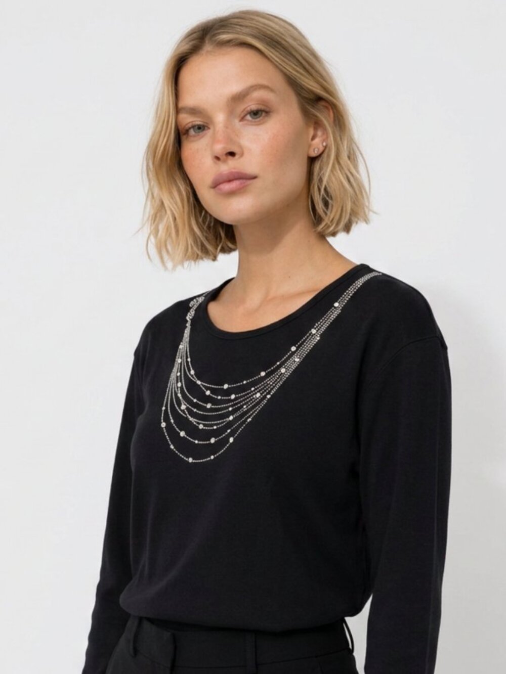 Christine Alexander Women's 2X Black 3/4 Sleeve Rhinestone Embellished Top